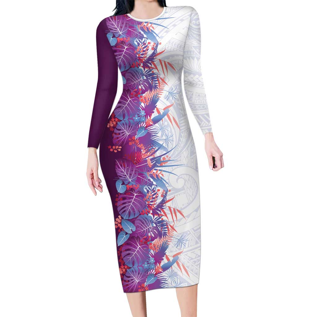 Hawaii Tropical Plant Poni Long Sleeve Bodycon Dress Vibrant Polynesian Pattern