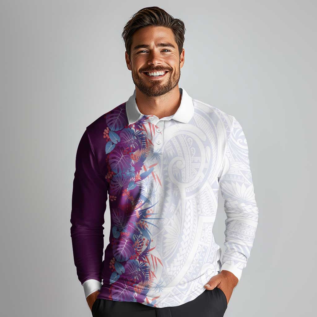 Hawaii Tropical Plant Poni Long Sleeve Polo Shirt Vibrant Polynesian Pattern