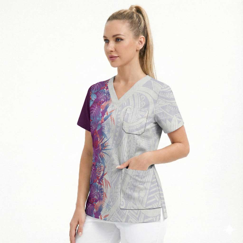 Hawaii Tropical Plant Poni Scrub Top Vibrant Polynesian Pattern