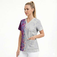Hawaii Tropical Plant Poni Scrub Top Vibrant Polynesian Pattern