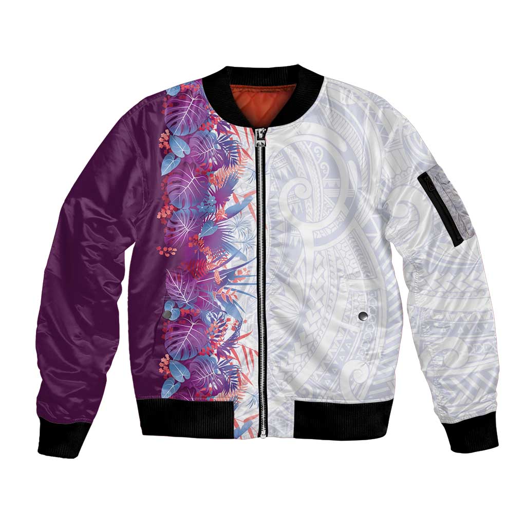 Hawaii Tropical Plant Poni Sleeve Zip Bomber Jacket Vibrant Polynesian Pattern