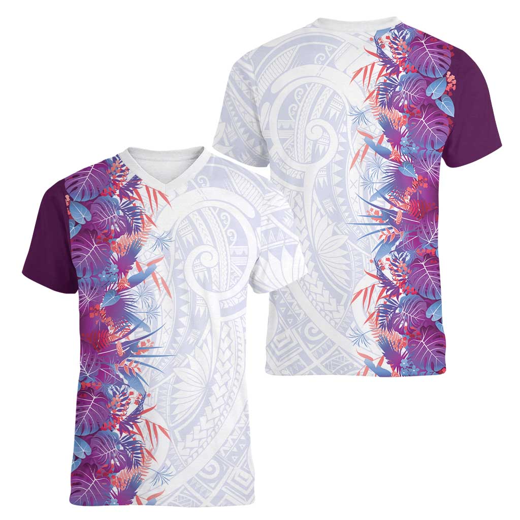 Hawaii Tropical Plant Poni Women V-Neck T-Shirt Vibrant Polynesian Pattern
