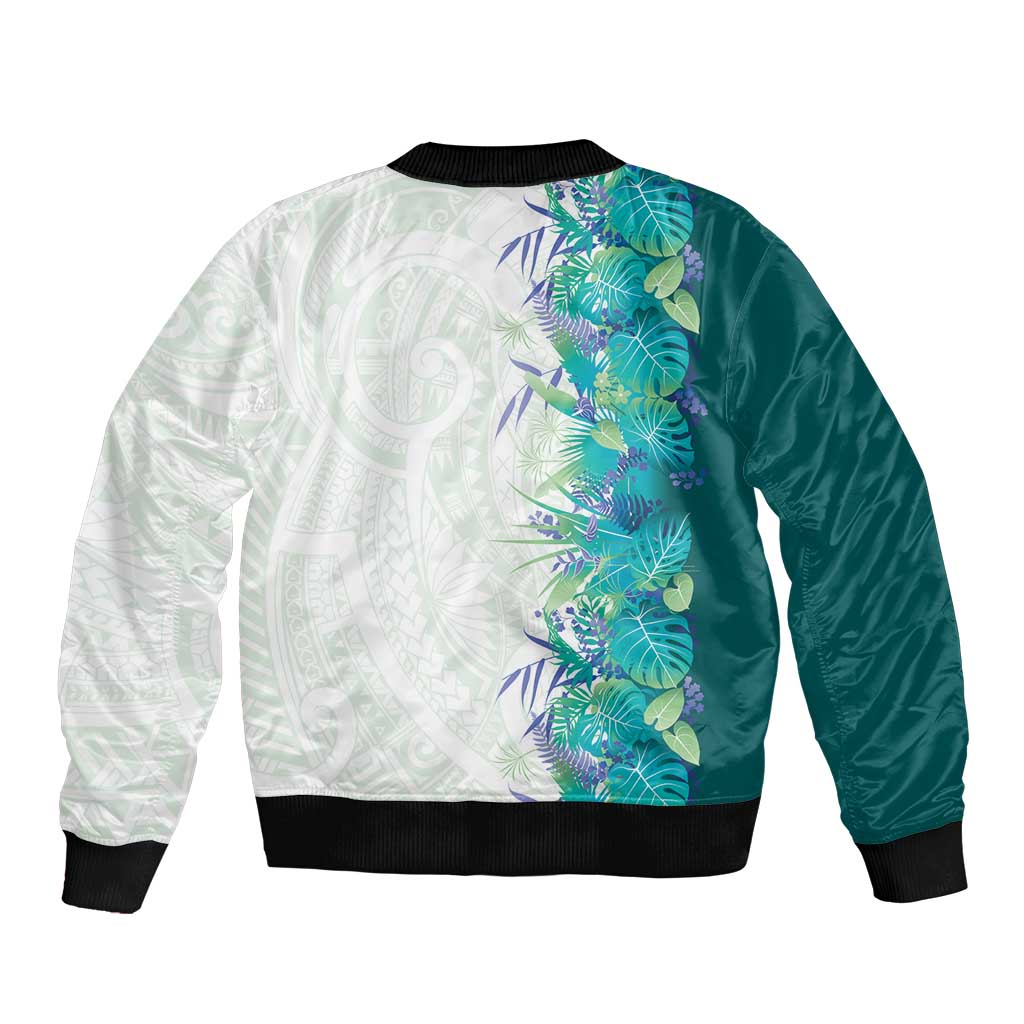 Hawaii Tropical Plant Teal Bomber Jacket Vibrant Polynesian Pattern