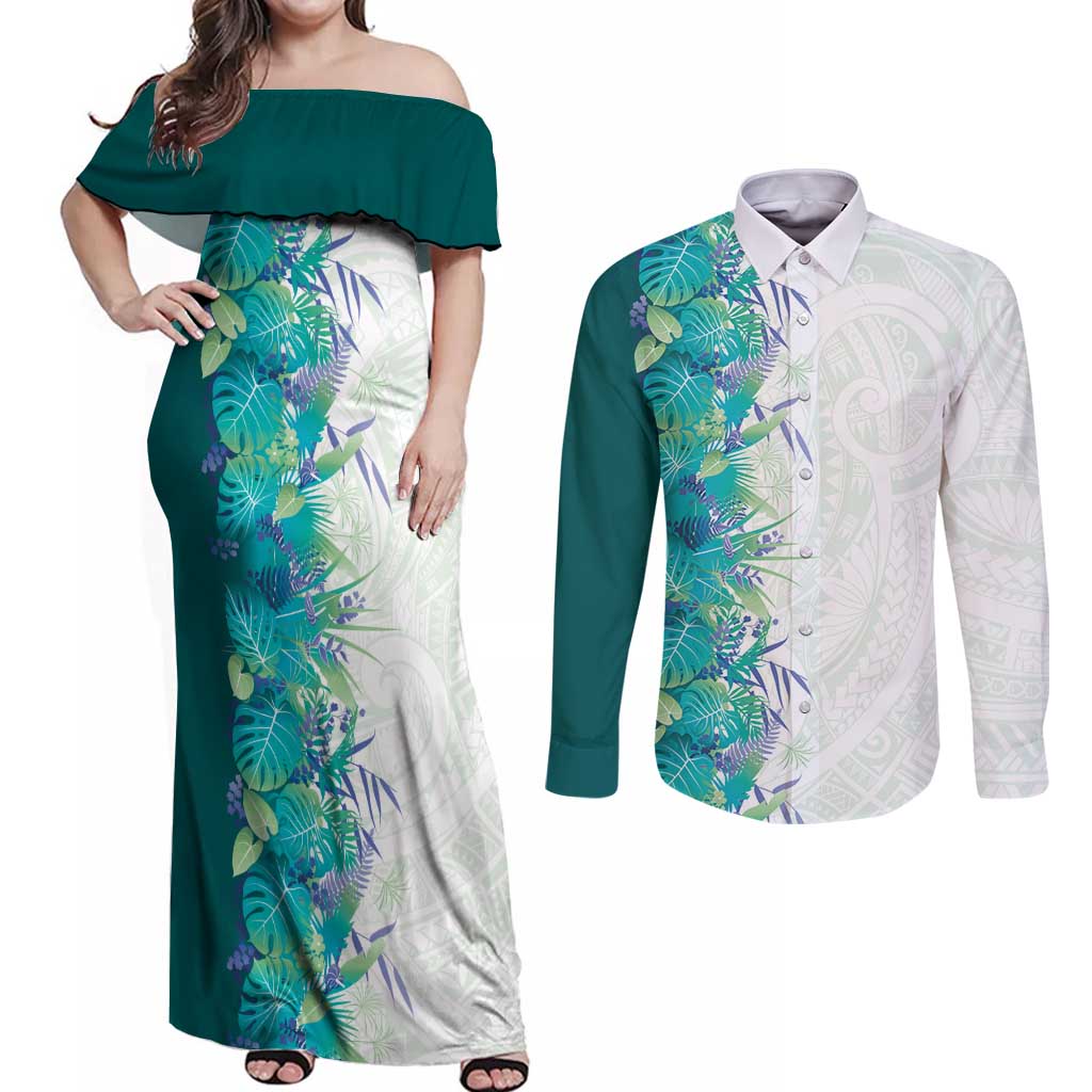 Hawaii Tropical Plant Teal Couples Matching Off Shoulder Maxi Dress and Long Sleeve Button Shirt Vibrant Polynesian Pattern