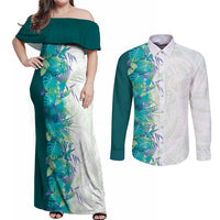 Hawaii Tropical Plant Teal Couples Matching Off Shoulder Maxi Dress and Long Sleeve Button Shirt Vibrant Polynesian Pattern