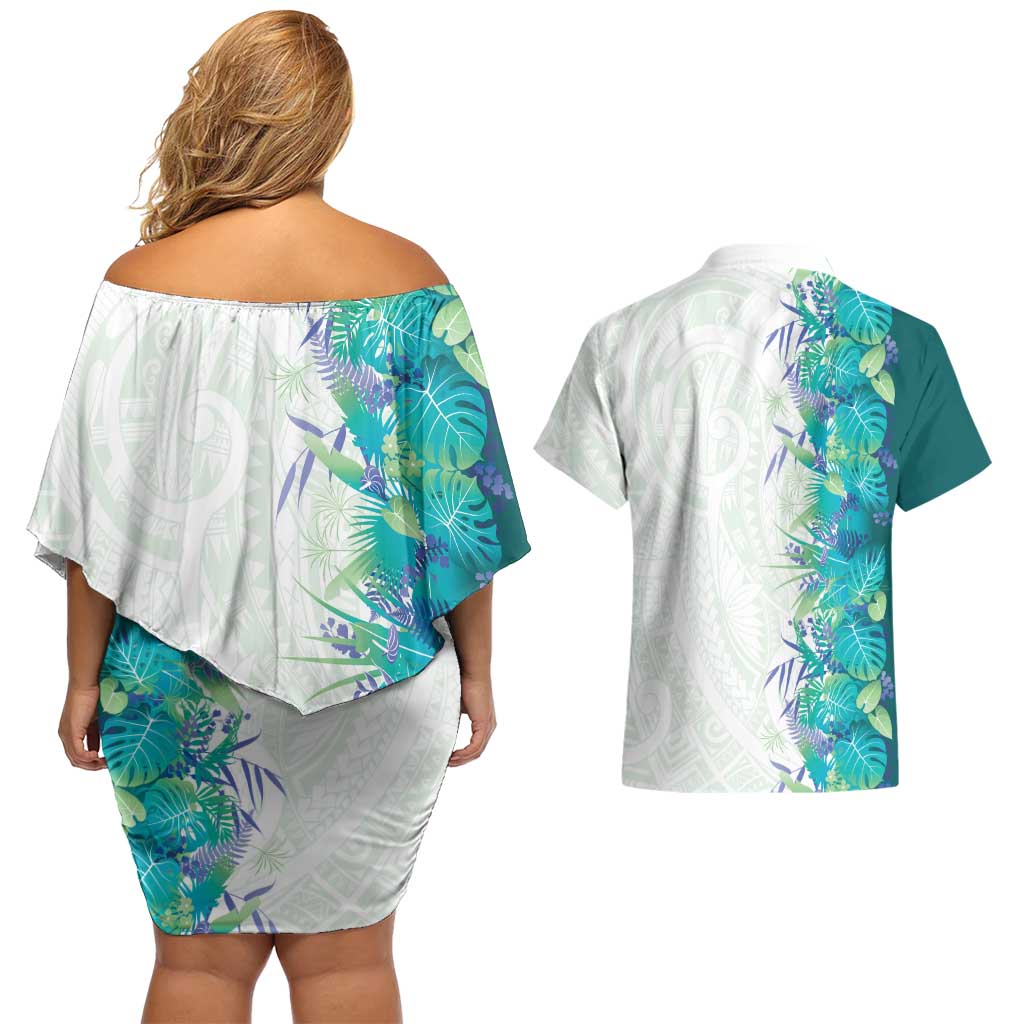 Hawaii Tropical Plant Teal Couples Matching Off Shoulder Short Dress and Hawaiian Shirt Vibrant Polynesian Pattern