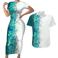 Hawaii Tropical Plant Teal Couples Matching Short Sleeve Bodycon Dress and Hawaiian Shirt Vibrant Polynesian Pattern