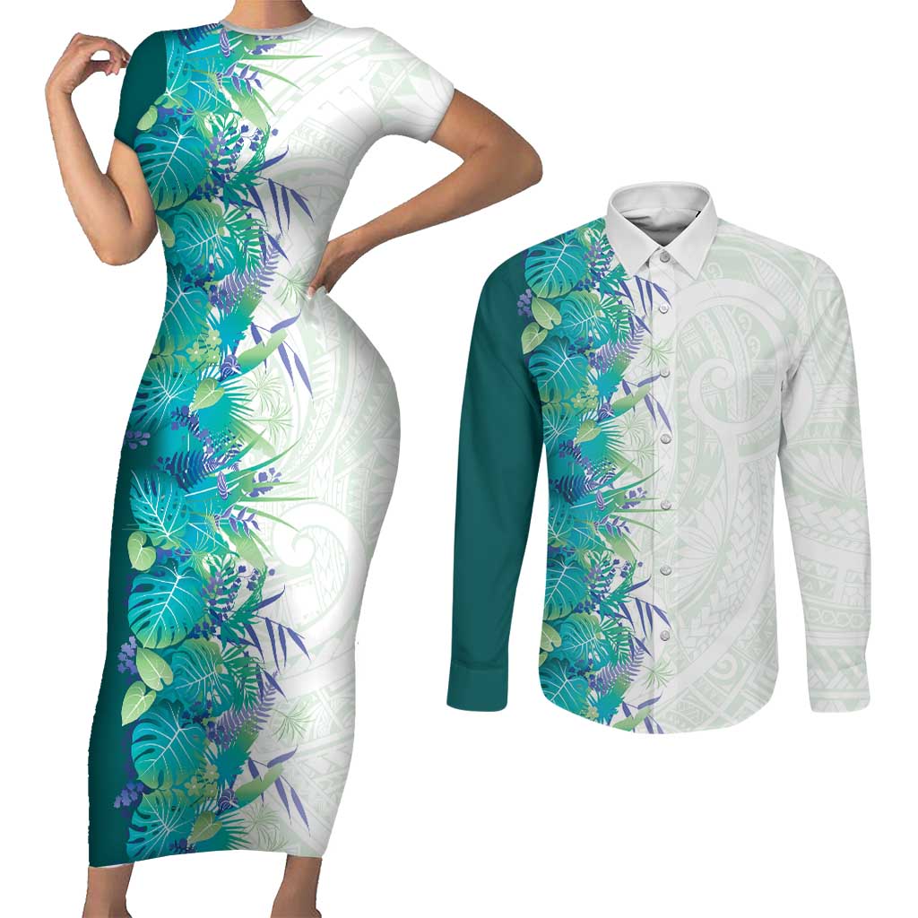 Hawaii Tropical Plant Teal Couples Matching Short Sleeve Bodycon Dress and Long Sleeve Button Shirt Vibrant Polynesian Pattern