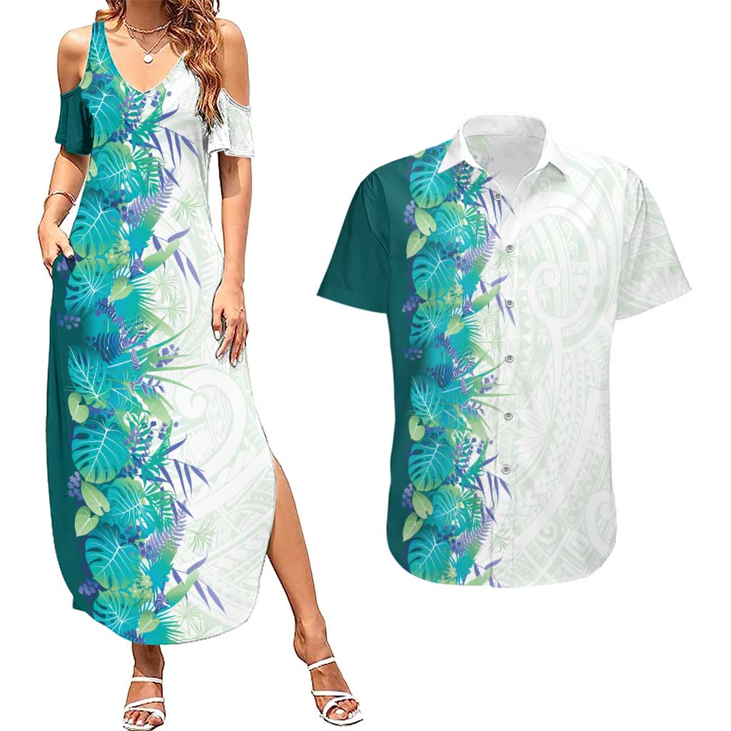Hawaii Tropical Plant Teal Couples Matching Summer Maxi Dress and Hawaiian Shirt Vibrant Polynesian Pattern