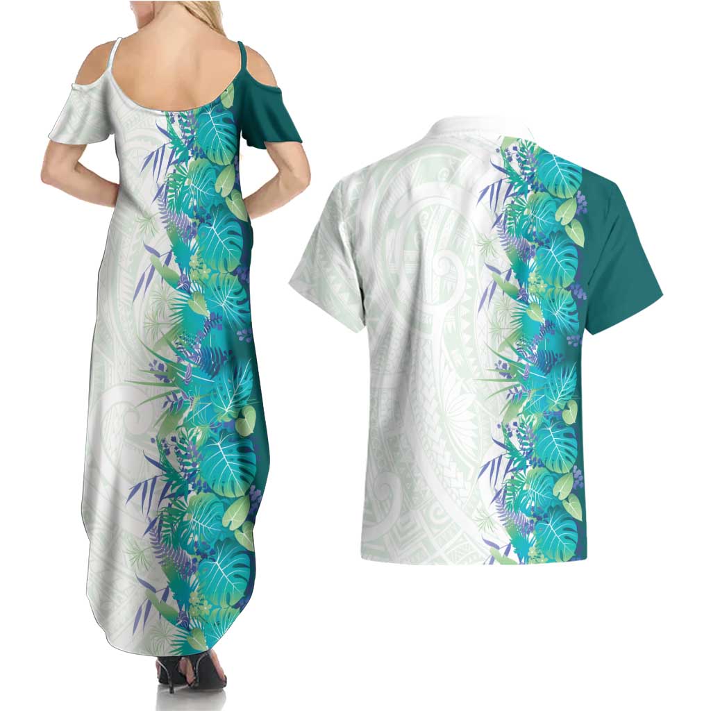 Hawaii Tropical Plant Teal Couples Matching Summer Maxi Dress and Hawaiian Shirt Vibrant Polynesian Pattern