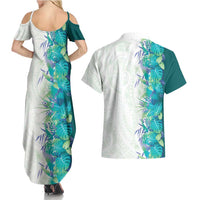 Hawaii Tropical Plant Teal Couples Matching Summer Maxi Dress and Hawaiian Shirt Vibrant Polynesian Pattern