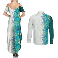 Hawaii Tropical Plant Teal Couples Matching Summer Maxi Dress and Long Sleeve Button Shirt Vibrant Polynesian Pattern