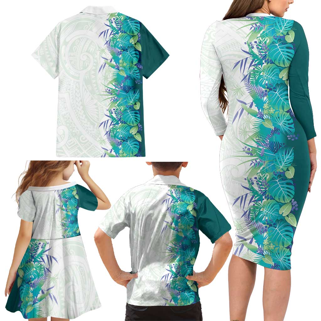 Hawaii Tropical Plant Teal Family Matching Long Sleeve Bodycon Dress and Hawaiian Shirt Vibrant Polynesian Pattern