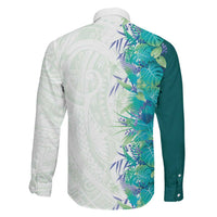 Hawaii Tropical Plant Teal Family Matching Long Sleeve Bodycon Dress and Hawaiian Shirt Vibrant Polynesian Pattern