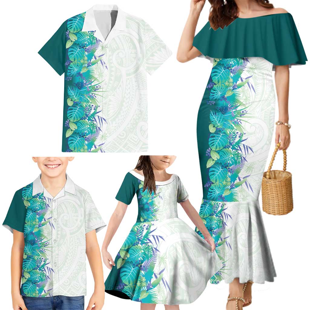 Hawaii Tropical Plant Teal Family Matching Mermaid Dress and Hawaiian Shirt Vibrant Polynesian Pattern