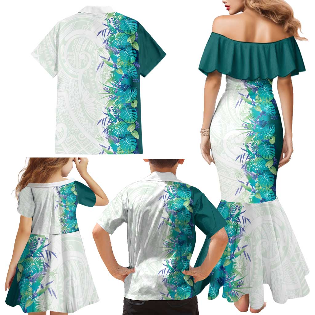 Hawaii Tropical Plant Teal Family Matching Mermaid Dress and Hawaiian Shirt Vibrant Polynesian Pattern