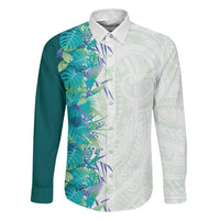 Hawaii Tropical Plant Teal Family Matching Off The Shoulder Long Sleeve Dress and Hawaiian Shirt Vibrant Polynesian Pattern