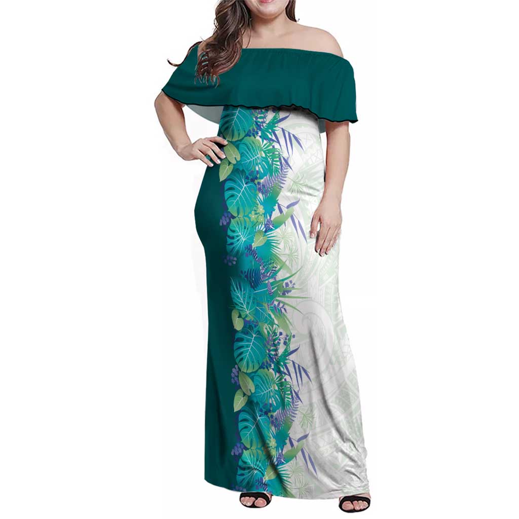 Hawaii Tropical Plant Teal Family Matching Off Shoulder Maxi Dress and Hawaiian Shirt Vibrant Polynesian Pattern