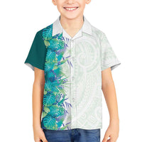 Hawaii Tropical Plant Teal Family Matching Off Shoulder Maxi Dress and Hawaiian Shirt Vibrant Polynesian Pattern