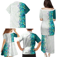 Hawaii Tropical Plant Teal Family Matching Puletasi and Hawaiian Shirt Vibrant Polynesian Pattern