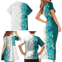 Hawaii Tropical Plant Teal Family Matching Short Sleeve Bodycon Dress and Hawaiian Shirt Vibrant Polynesian Pattern