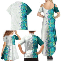 Hawaii Tropical Plant Teal Family Matching Summer Maxi Dress and Hawaiian Shirt Vibrant Polynesian Pattern
