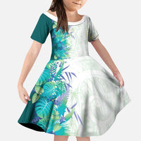 Hawaii Tropical Plant Teal Family Matching Tank Maxi Dress and Hawaiian Shirt Vibrant Polynesian Pattern