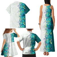 Hawaii Tropical Plant Teal Family Matching Tank Maxi Dress and Hawaiian Shirt Vibrant Polynesian Pattern