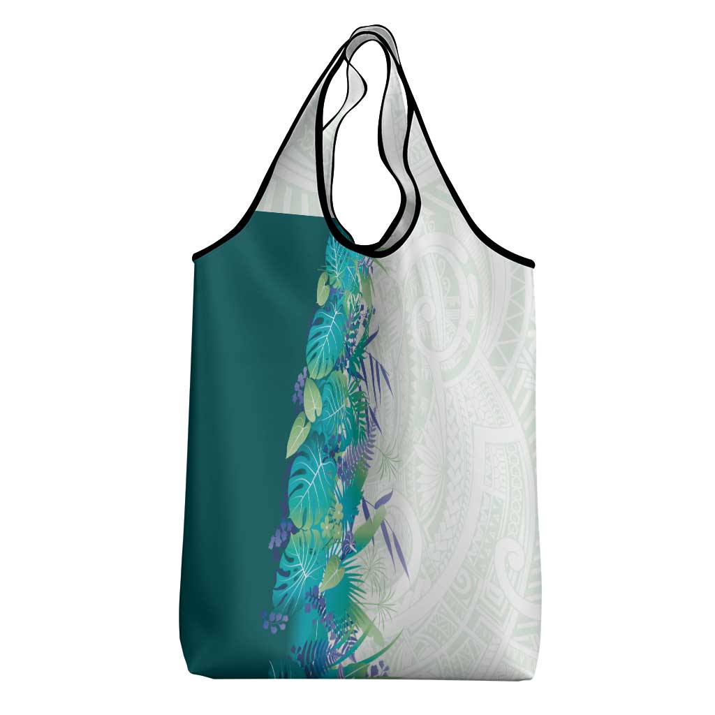 Hawaii Tropical Plant Teal Grocery Bag Vibrant Polynesian Pattern