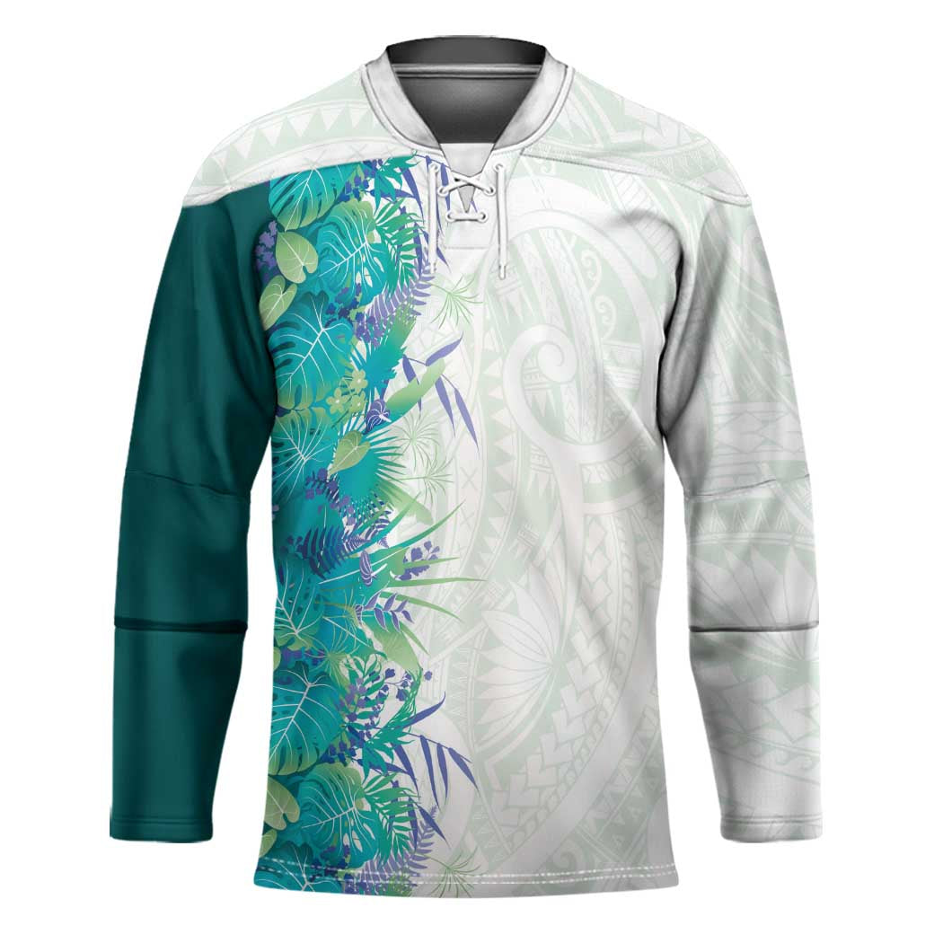 Hawaii Tropical Plant Teal Hockey Jersey Vibrant Polynesian Pattern