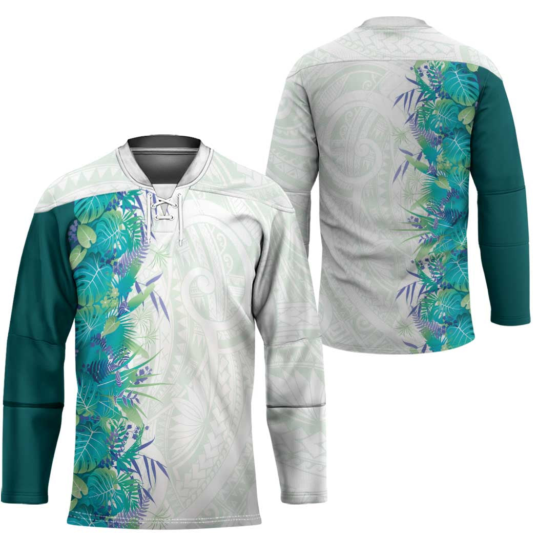 Hawaii Tropical Plant Teal Hockey Jersey Vibrant Polynesian Pattern