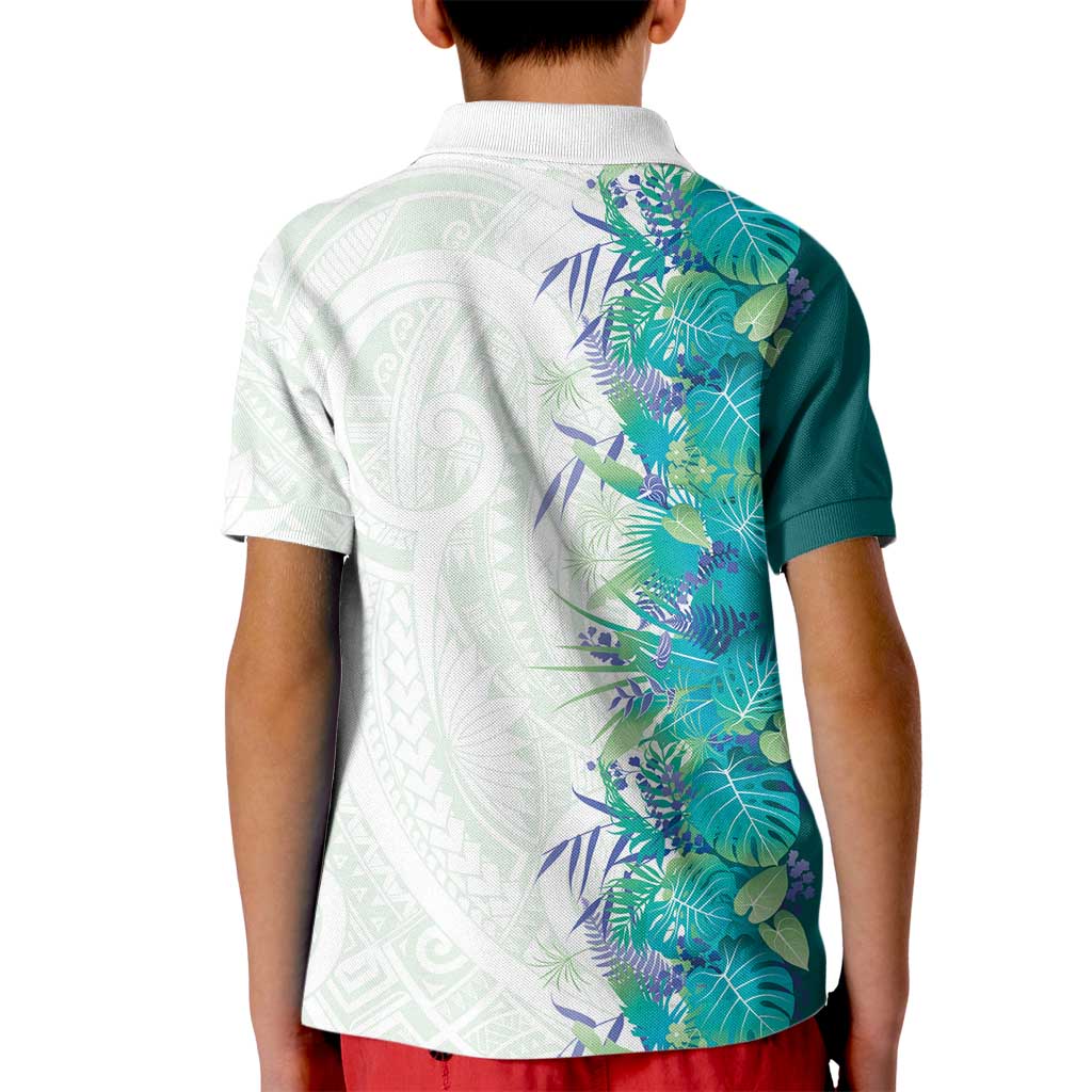 Hawaii Tropical Plant Teal Kid Polo Shirt Vibrant Polynesian Pattern