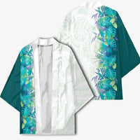 Hawaii Tropical Plant Teal Kimono Vibrant Polynesian Pattern