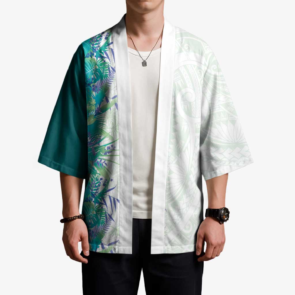 Hawaii Tropical Plant Teal Kimono Vibrant Polynesian Pattern