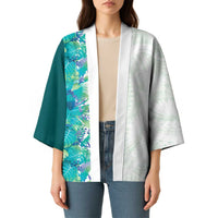 Hawaii Tropical Plant Teal Kimono Vibrant Polynesian Pattern