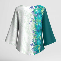 Hawaii Tropical Plant Teal Kimono Sleeve Blouse Vibrant Polynesian Pattern