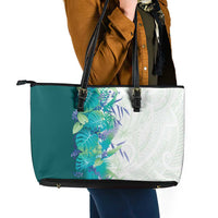 Hawaii Tropical Plant Teal Leather Tote Bag Vibrant Polynesian Pattern