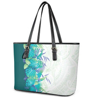 Hawaii Tropical Plant Teal Leather Tote Bag Vibrant Polynesian Pattern