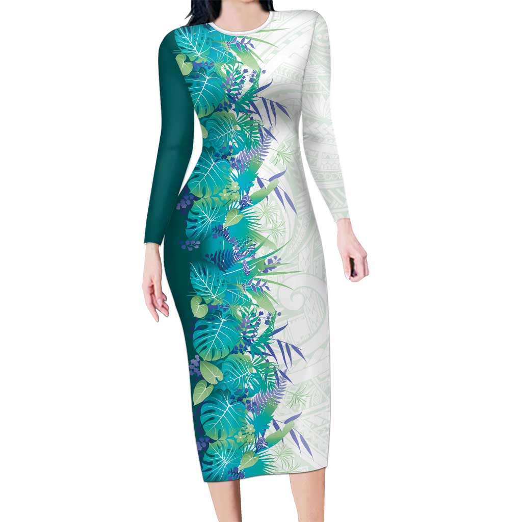 Hawaii Tropical Plant Teal Long Sleeve Bodycon Dress Vibrant Polynesian Pattern