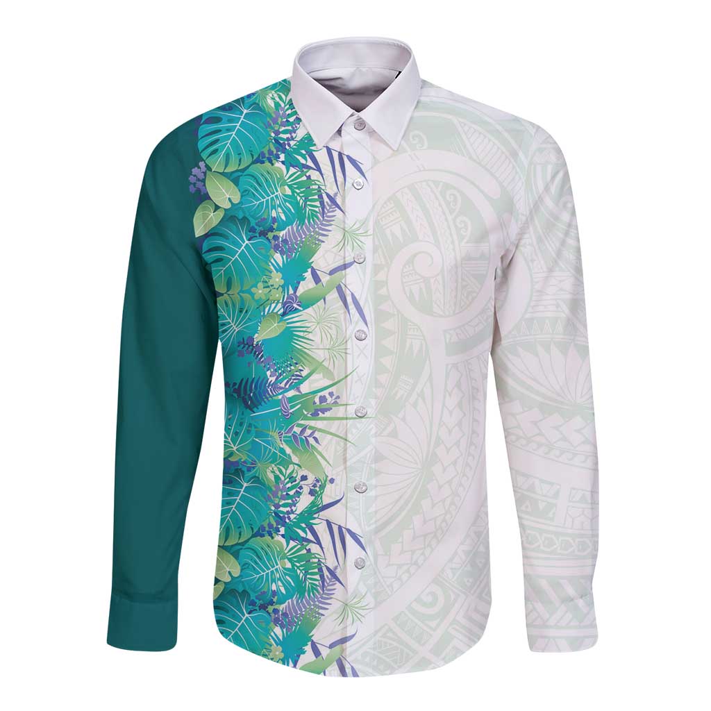 Hawaii Tropical Plant Teal Long Sleeve Button Shirt Vibrant Polynesian Pattern