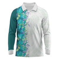 Hawaii Tropical Plant Teal Long Sleeve Polo Shirt Vibrant Polynesian Pattern