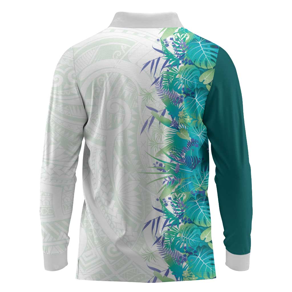 Hawaii Tropical Plant Teal Long Sleeve Polo Shirt Vibrant Polynesian Pattern