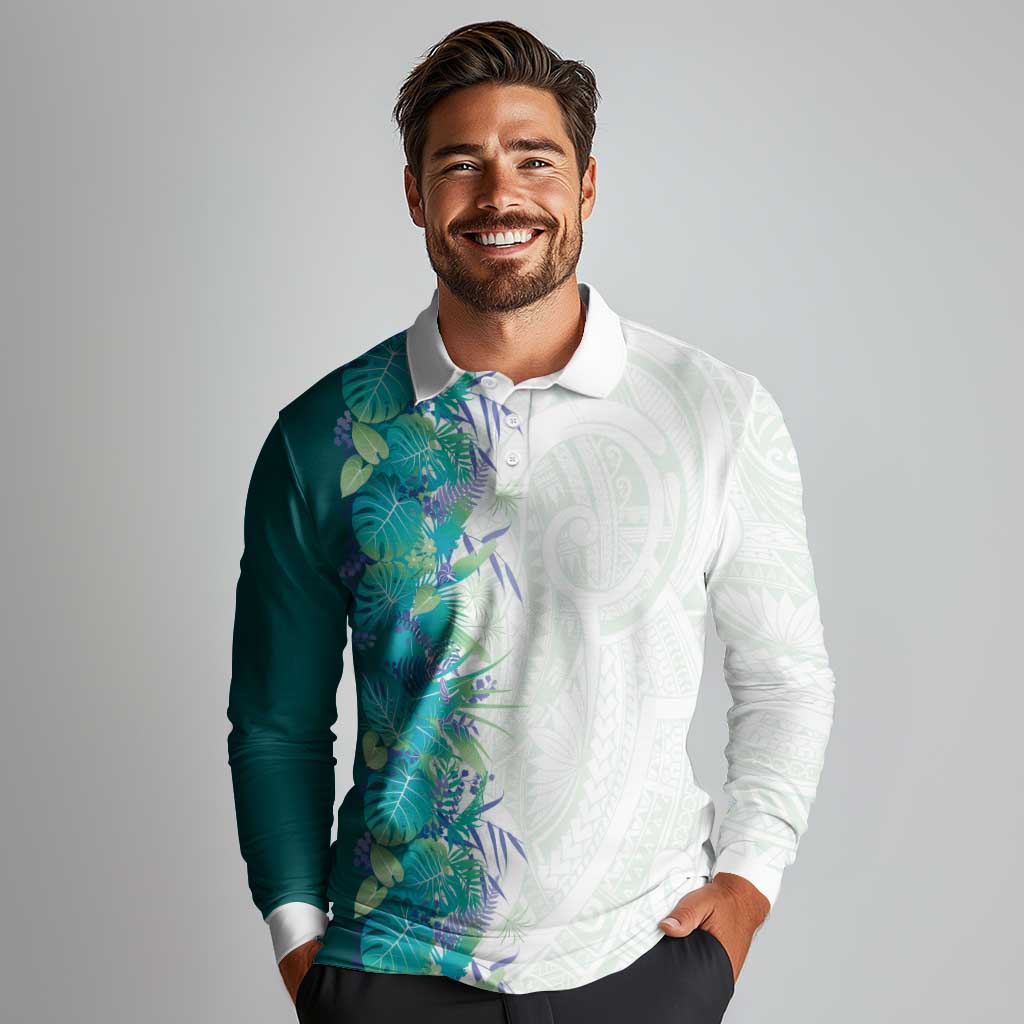 Hawaii Tropical Plant Teal Long Sleeve Polo Shirt Vibrant Polynesian Pattern
