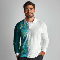 Hawaii Tropical Plant Teal Long Sleeve Polo Shirt Vibrant Polynesian Pattern