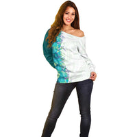 Hawaii Tropical Plant Teal Off Shoulder Sweater Vibrant Polynesian Pattern