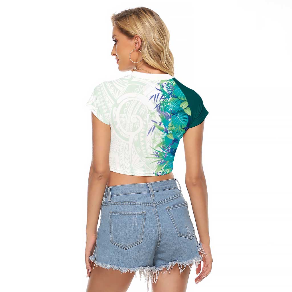 Hawaii Tropical Plant Teal Raglan Cropped T Shirt Vibrant Polynesian Pattern