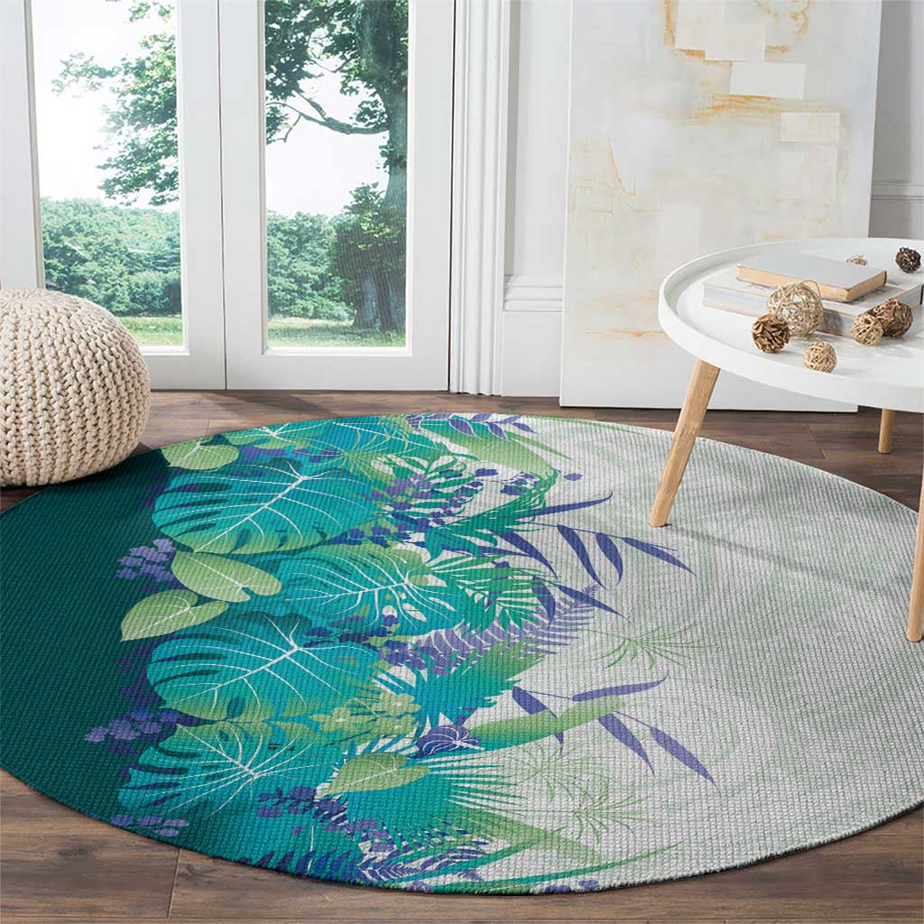 Hawaii Tropical Plant Teal Round Carpet Vibrant Polynesian Pattern