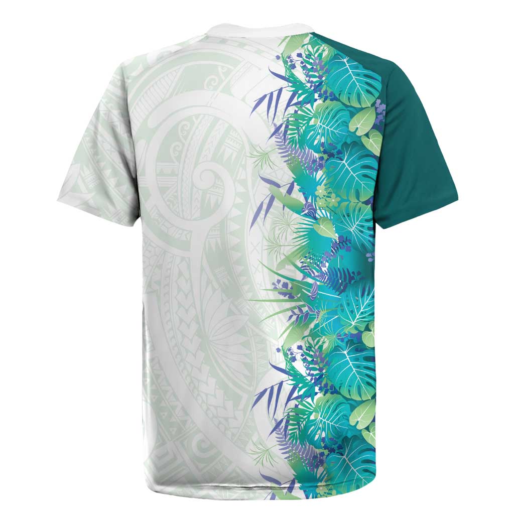 Hawaii Tropical Plant Teal Rugby Jersey Vibrant Polynesian Pattern