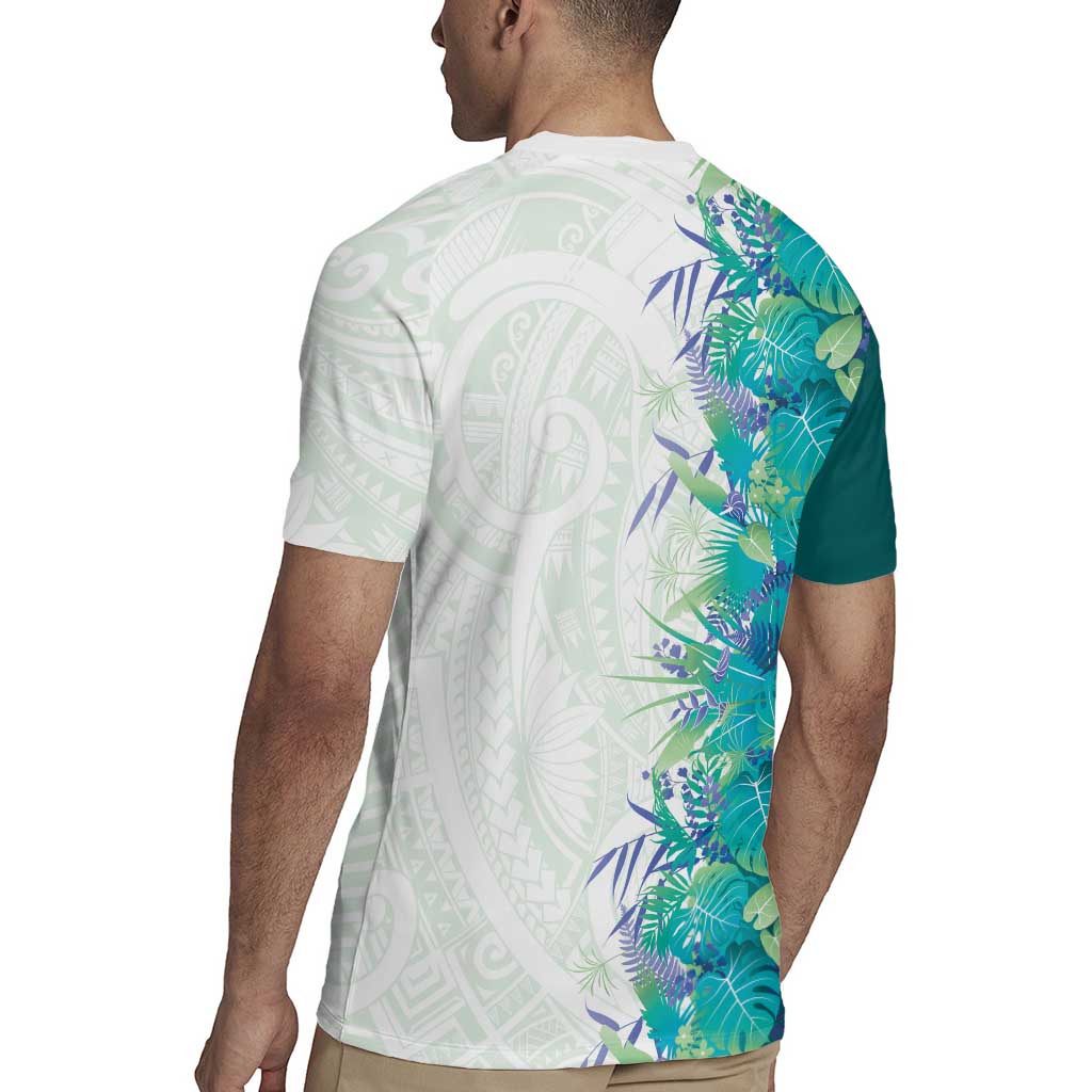 Hawaii Tropical Plant Teal Rugby Jersey Vibrant Polynesian Pattern