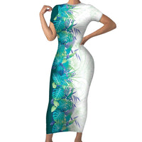 Hawaii Tropical Plant Teal Short Sleeve Bodycon Dress Vibrant Polynesian Pattern